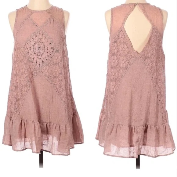 Umgee Sleeveless Lace Panel Ruffle Hem Mauve Mini Dress - Tunic Top Size L - Picture 2 of 11